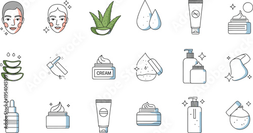 Skincare and beauty icon set with facial treatment products aloe vera creams serums and cosmetic elements minimal line vector illustration