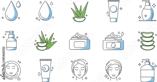 Skincare and cosmetic icon set with aloe vera drops creams and facial care products minimal colorful vector illustration collection