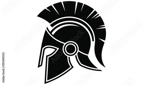 Black and white vector graphic illustration of a Spartan helmet