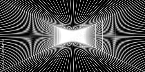 Futuristic perspective grid box. Abstract wireframe with white grid line on black background. Virtual reality landscape in 80s 90s digital style. Vector