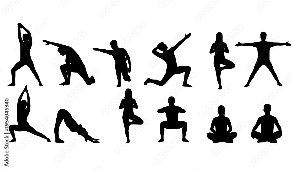 Obraz premium Workout and yoga pose silhouette set with stretching and fitness movements in black vector design