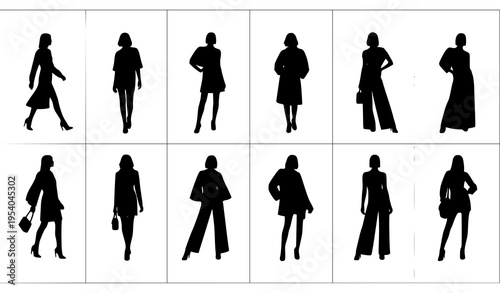 Runway fashion model icon pack with elegant standing walking and editorial pose silhouettes vector