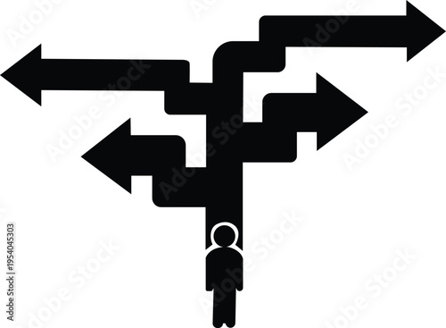 Black arrows diverging in multiple directions with human figure symbolizing decision and choices
