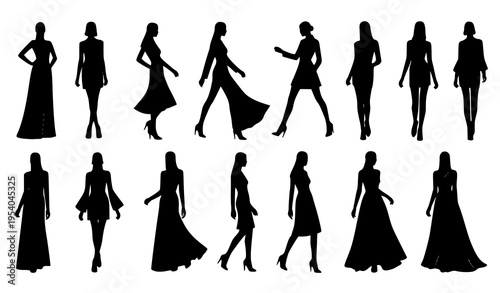 Elegant runway model pose silhouette set with standing walking and turning fashion positions vector