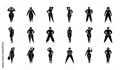 Inclusive body type icon pack with diverse human silhouettes in modern stylish poses vector