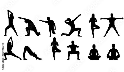 Workout and yoga pose silhouette set with stretching and fitness movements in black vector design