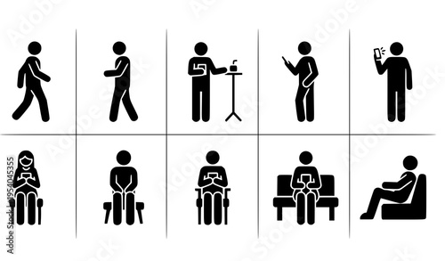 Casual people icon pack with everyday walking standing and phone use poses in black silhouette vector