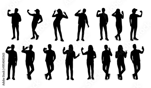 Selfie pose silhouette set with trendy people taking photos and modern body language vector