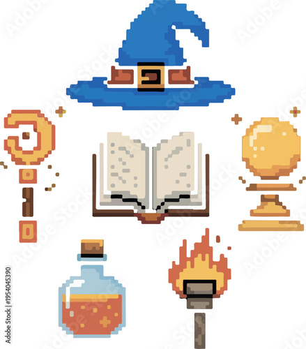 Pixel art fantasy icons set featuring wizard hat crystal ball magic wand flaming staff potion bottle and spellbook on black background