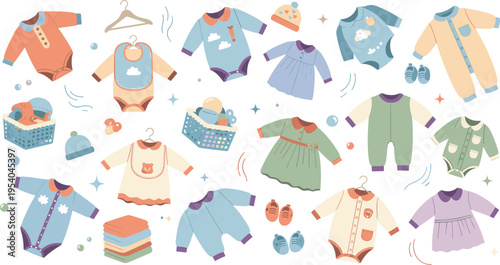 Cute Baby Clothes Vector Set with Rompers, Dresses, Jackets, Socks, Laundry Basket, and Kids Fashion Outfits for Newborn Wardrobe Design.
