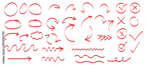 Hand drawn pen line highlight red set. Line red hand drawn pen marker stroke underline, arrow, check mark emphasis. Round oval, circle scribble frame, arrow elements . Vector illustration