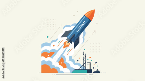 Rocket blasts off with fiery trail and bold LAUNCH text. Clouds swirl around as it soars toward the sky. Launchpad stands below, dotted with small structures