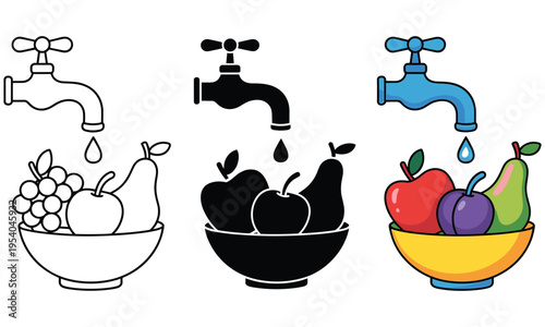 Fresh fruit bowls with water taps vector graphic illustration
