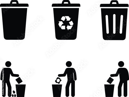 Waste management icons set featuring trash bins recycling symbols and people throwing garbage away for environmental sustainability clean city and eco friendly business concepts