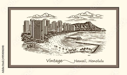 Vintage Honolulu Hawaii Beach Line Art Vector Illustration.