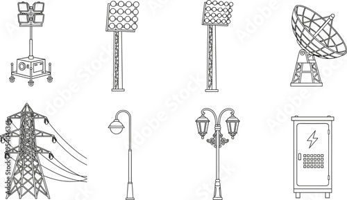 Collection of electrical infrastructure and lighting equipment including floodlights, street lamps, transmission tower, satellite dish, and utility box for industrial and urban applications