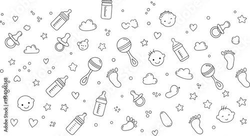 Cute Baby Doodle Seamless Pattern Vector with Bottles, Pacifiers, Rattles, Footprints, Faces, Stars, and Nursery Elements for Kids Design.