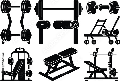 Collection of modern gym equipment icons including dumbbells, barbells, squat rack, workout bench, chest press machine, leg curl machine, and fitness weights for training illustrations