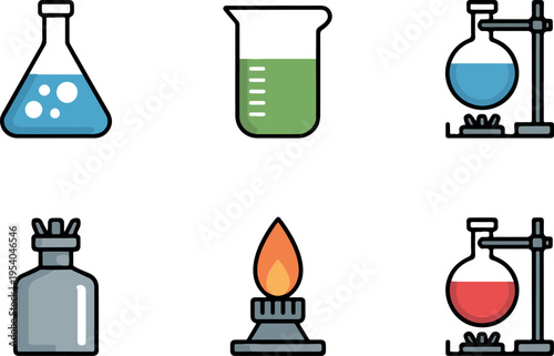 Laboratory equipment icons set featuring beakers flasks with colorful liquids gas burners and heating apparatus on dark background for science design
