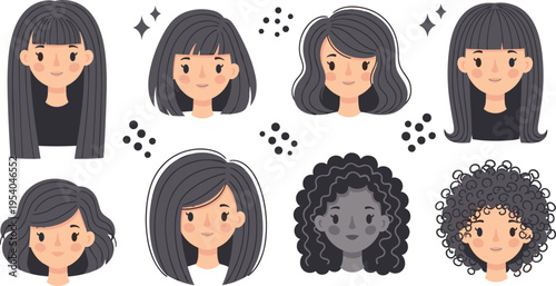 Women hairstyle avatar collection with straight wavy and curly styles modern beauty fashion character set diverse hair types vector illustration