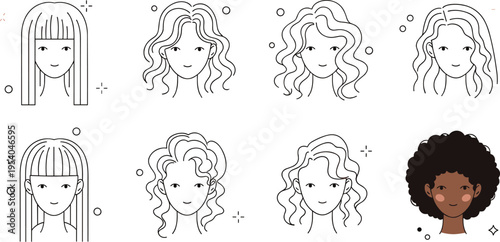 Women hairstyle line icon set with straight wavy and curly hair styles minimal vector collection for beauty and fashion design