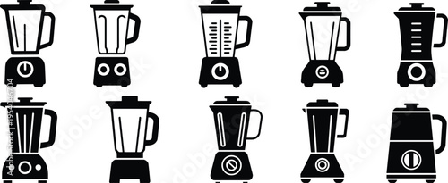 Collection of ten modern blender vector illustrations in black and white, showcasing diverse appliance designs, jar shapes, handles, and control panels for kitchen equipment concepts