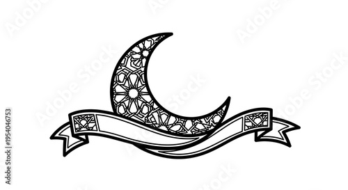 Black and white crescent moon with ribbon banner illustration
