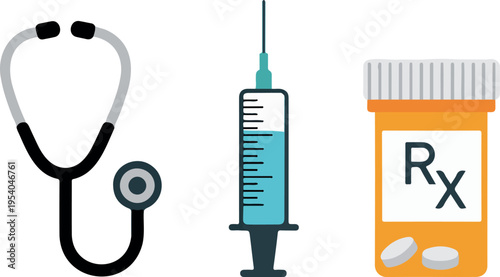 Medical icons set featuring stethoscope syringe with blue liquid and prescription pill bottle with Rx label on black background