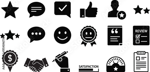 Collection of black icons representing ratings feedback and business concepts on a white background