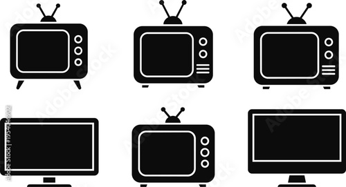 Collection of vintage and modern television icons in black and white, showcasing evolution of TV design from retro antenna models to sleek flat-screen displays