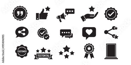 Collection of black icons and symbols on a white background