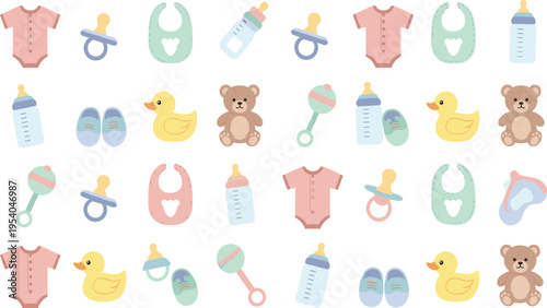 Cute Baby Essentials Seamless Pattern Vector with Bottles, Pacifiers, Clothes, Bibs, Ducks, Shoes, Teddy Bears, and Toys for Nursery Design.