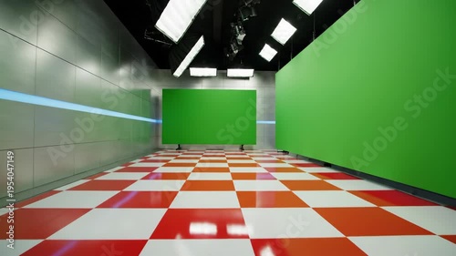 Spacious television studio with green screen and checkerboard floor