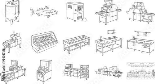 Detailed line drawing of commercial kitchen and food processing equipment workflow, including tanks, conveyor belts, refrigeration, packaging, slicing, 