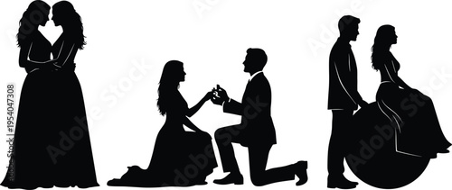 Romantic couple silhouettes, proposal engagement scene, love and relationship concept, wedding moment illustration, man kneeling with ring, bride and groom figures, elegant black isolated design
