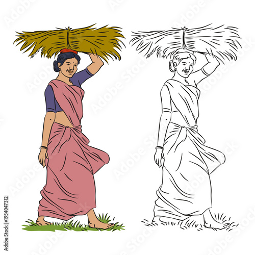 Kerala Farmers working on field.Hand drawing illustration. Rice harvest