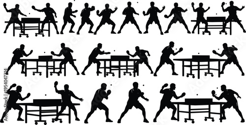 Table tennis player silhouettes set, ping pong action poses collection, competitive sport activity illustration, dynamic athletes training, black isolated figures, game movement sequence design