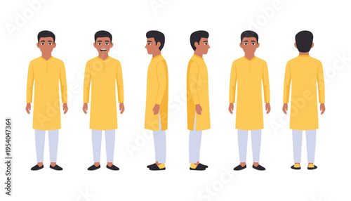 Man in traditional Indian kurta illustration in various poses and angles