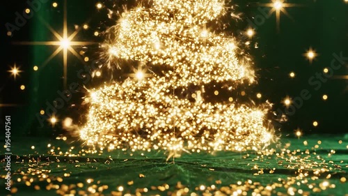 Sparkling festive christmas tree silhouette with green velvet background