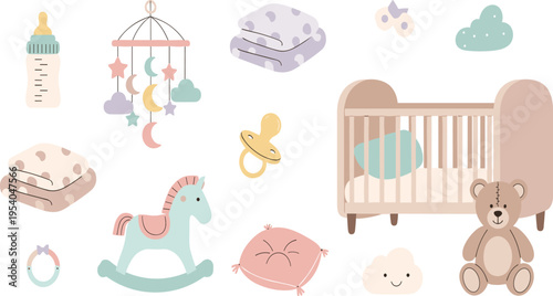 Cute Baby Nursery Elements Vector Set with Crib, Bottle, Pacifier, Blankets, Mobile, Teddy Bear, Rocking Horse, and Cozy Infant Room Decor Illustration.