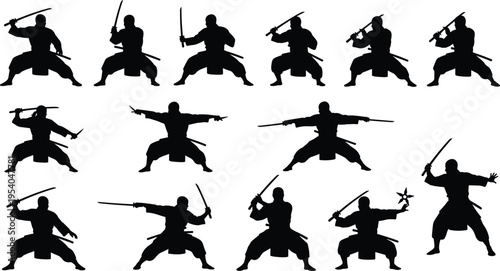 martial, arts, silhouette, vector, icon, samurai, katana, sword, ninja, combat, warrior, fight, weapon, stance, pose, action, discipline, design, art, illustration, graphic