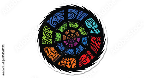 Vibrant spiral tribal art design with colorful patterns on a black circular background with white outline