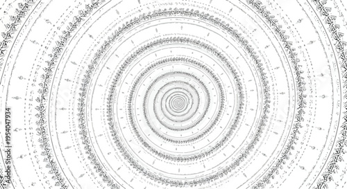 Intricate black and white spiral tribal art pattern with concentric circles and detailed designs on a white background