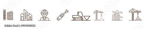 Construction and architecture line art icon set with worker, crane, and building outline.