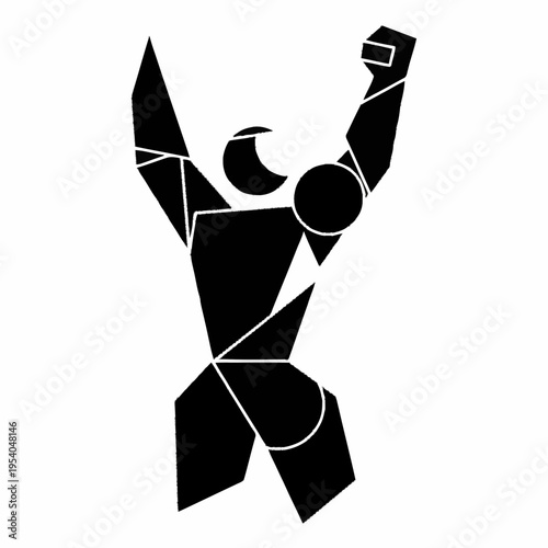 Abstract geometric figure with raised arms in a triumphant pose.