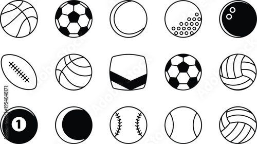 Collection of sports balls icons, basketball, soccer, volleyball, football, baseball, rugby, golf, bowling, billiards, tennis