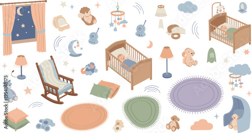 Cute Baby Nursery Interior Vector Set with Crib, Rocking Chair, Curtains, Lamp, Rugs, Toys, and Cozy Nighttime Infant Room Elements Design.