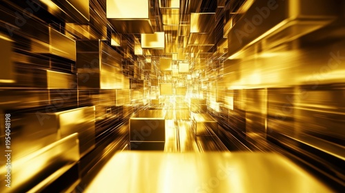Abstract golden cubes and geometric patterns receding into a bright, digital tunnel, representing future projections and wealth.
