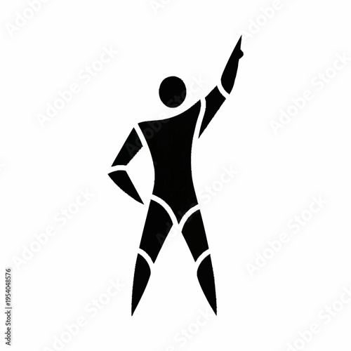 Stylized human figure pointing upwards in a confident pose.