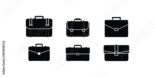 Six different black briefcase designs with various closure styles